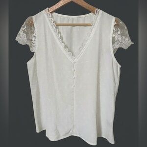 White Swiss Dot Lace Sleeve Blouse V-Neck Boho Romantic Top Size L Cottagecore